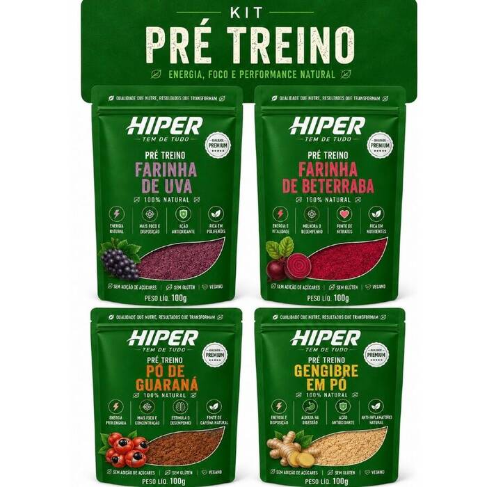 2 UN KIT PRÉ TREINO NATURAL EM PÓ UVA, BETERRABA, GENGIBRE E GUARANÁ 100g cada