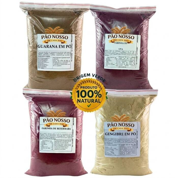 Kit Pré treino Puro 4 itens em Pó Uva + Guaraná + Gengibre + Beterraba 100% Natural - Origem