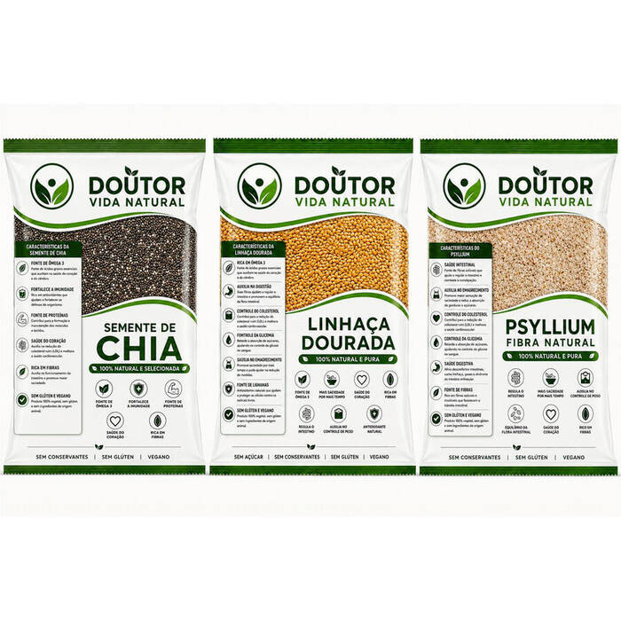 Kit de Sementes Chia + Linhaça + Psyllium Fibras -Total 750g