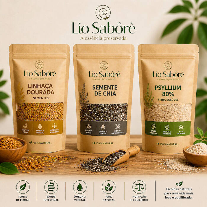 Chia + Linhaça Dourada + Psyllium 80% - Kit Fibra Power Saciedade Natural