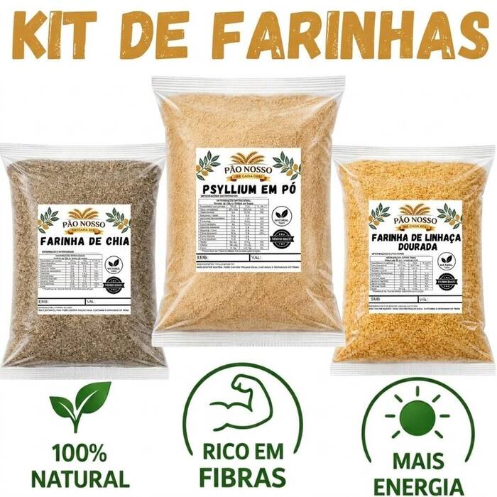 Kit Farinhas Naturais Farinha De Chia + Psyllium em pó + Farinha Linhaça Dourada 250GR DE CA