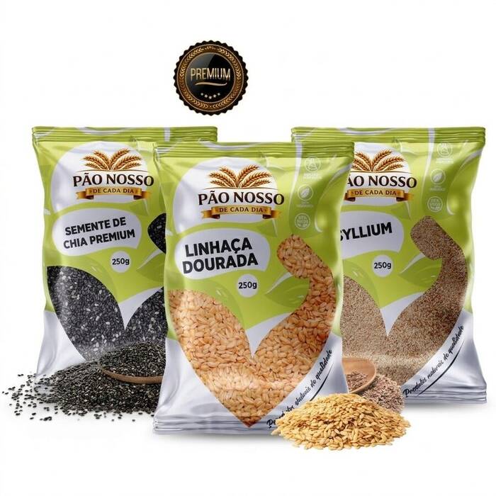 Kit Mix de Sementes Chia + Linhaça + Psyllium Fibras Low Carb Total