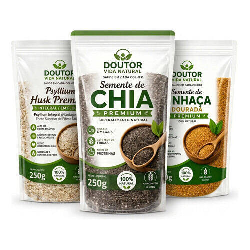 Kit Mix De Sementes Chia + Linhaça + Psyllium Fibras Low Car