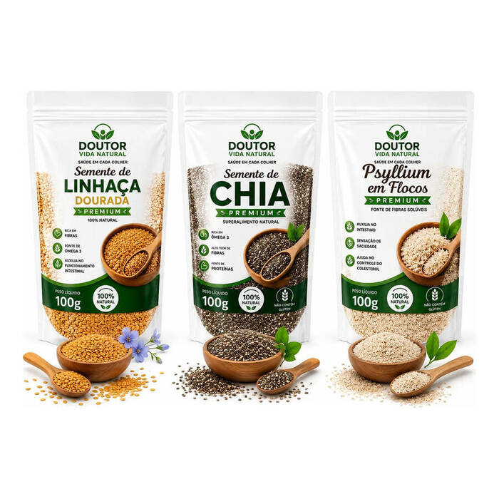 Kit Semente De Chia + Linhaça Dourada + Psyllium 300grs
